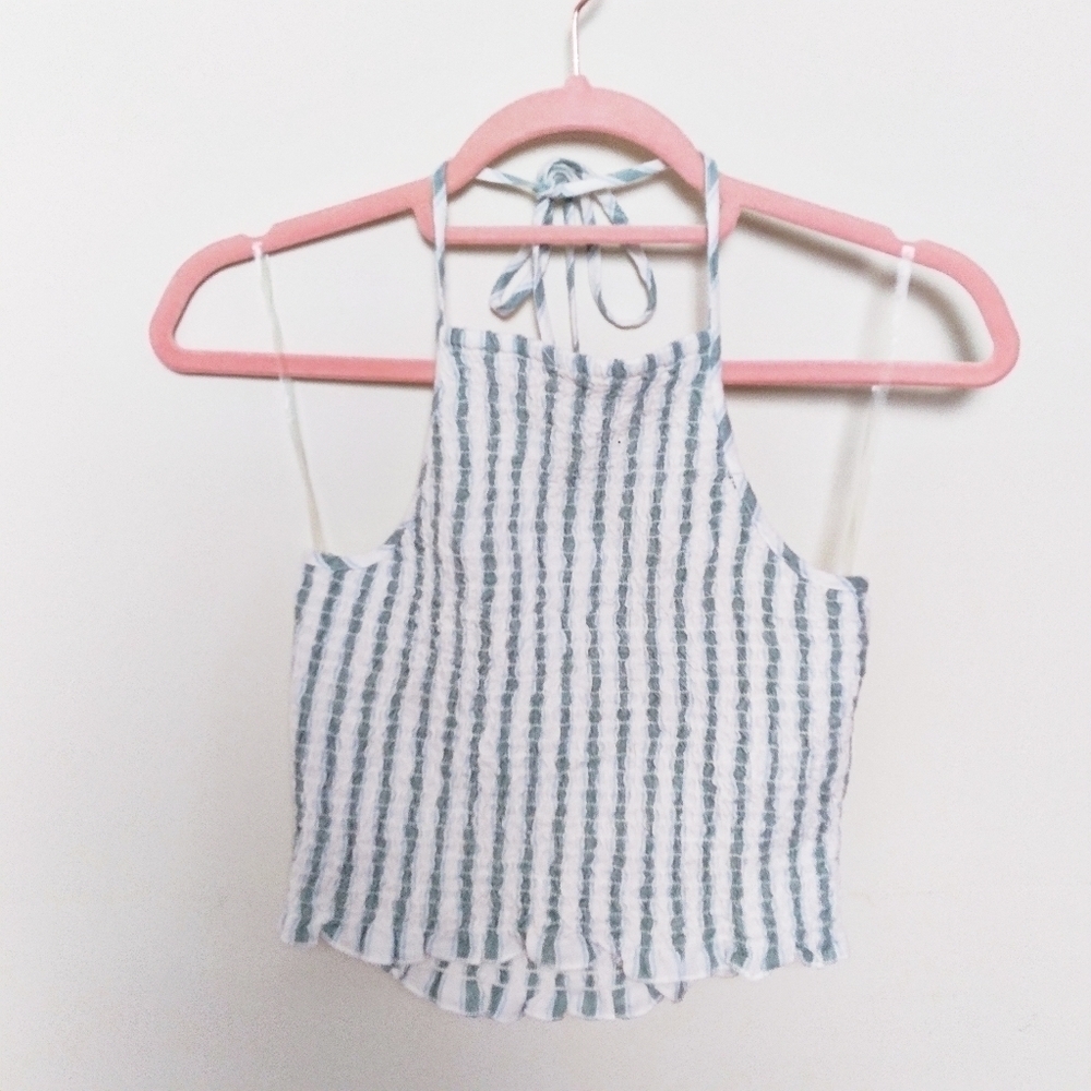 American Eagle Green and White Striped Linen Blend Halter Crop Top Size Small